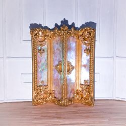 Gold vintage divider screen for doll in 1/12 scale,Antique doll furniture in Victorian style,French Rococo miniature