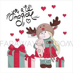 MAGIC GIFTS Tilda Doll Cartoon New Year Vector Illustration