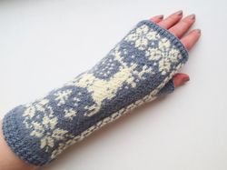 Norwegian fingerless gloves women's hand knit winter gloves with deer merino wool fingerless mittens Christmas gift for