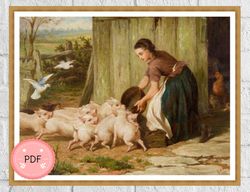 Cross Stitch Pattern,Feeding Time, Pdf Instant Download , X Stitch Supplies , Farm Life,Pig Family,Full Coverage