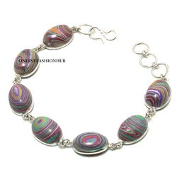 1 PC Rainbow Calsilica 925 Sterling Silver Plated Gemstone Bezel Bracelet, Bracelet With Charm, Handmade jewelry