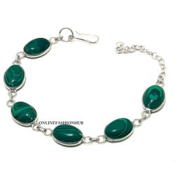 Trending 1 PC Malachite 925 Sterling Silver Plated Gemstone Bezel Bracelet, Bracelet With Charm, Handmade jewelry