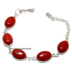 1 PC Coral Gemstone 925 Sterling Silver Plated Bezel Bracelet, Bracelet With Charm, Handmade jewelry For Anniversary