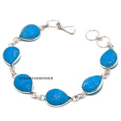 Awesome 1 PC Blue Carving Glass 925 Sterling Silver Plated Bezel Bracelet, Bracelet With Unisex, Handmade jewelry