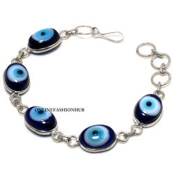 1 PC Blue Evil Eye Gemstone 925 Sterling Silver Plated Bezel Bracelet, Gemstone Bracelet , Handmade jewelry For HER
