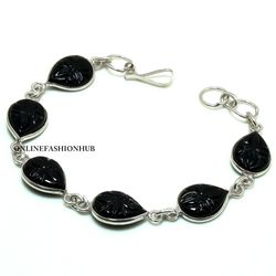 1 PC Black Carving Glass 925 Sterling Silver Plated Bezel Bracelet, Positive Bracelet, Handmade Gemstone jewelry