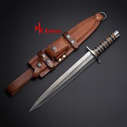 dagger knife, handmade dagger knife, handmade damascus steel dagger knife, toothpick dagger knife with leather sheath