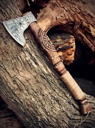 Handmade Viking Axe Carbon Steel Wood Engraved Coconut Rope Handle With Sheath
