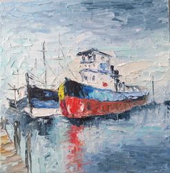 Boat on the water with oil paints, original painting, river boat, landscape in oil