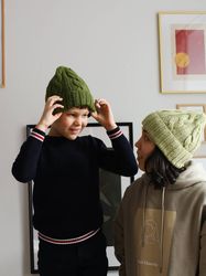 Wool green handknitted hat. Custom knit alpaca  beanie.