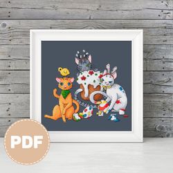 "Easter Rush" crossstitch pattern with a cat