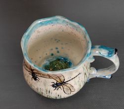 Surprise mug Frog figurine Miniature sculpture Inside the cup Funny mug Hand painted dragonflies mug Botanical pottery