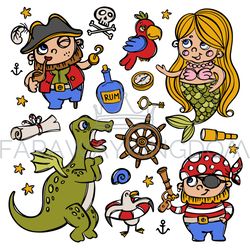 MERMAID AND PIRATES Nautical Objects Vector Illustration Set