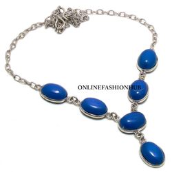 Glorious 1 PC Blue Agate Gemstone 925 Sterling Silver Plated Designer Necklace ,Handmade Dainty Neckpiece Jewelry