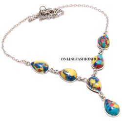 New Sale 1 PC Mosaic Jasper Gemstone 925 Sterling Silver Plated Bezel Necklace ,Handmade Dainty Neckpiece Jewelry
