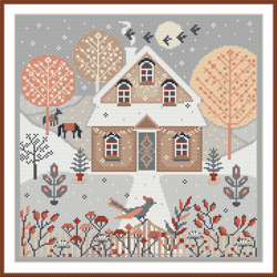 Cross Stitch Pattern PDF Winter Village, Scandinavian Primitive, Winter House, Bird, Digital PDF Instant Download 291