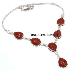 Trending 1 PC Red Carving Glass 925 Sterling Silver Plated Bezel Necklace ,Handmade Dainty Neckpiece Jewelry