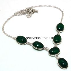 Alluring 1 PC Green Onyx Gemstone 925 Sterling Silver Plated Bezel Necklace ,Handmade Pretty Women Jewelry, Gift For MOM