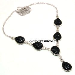 Offer 1 PC Black Carving Glass 925 Sterling Silver Plated Bezel Necklace ,Handmade Dainty Neckpiece Jewelry