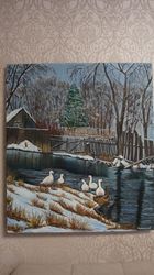 Geese Oil Painting Countryside View 27*31 inch Village House Poultry Painting