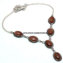 1 PC Red Sunstone Gemstone 925 Sterling Silver Plated Designer Necklace ,Handmade Dainty Necklace Jewelry, Gift For Her