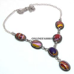 1 PC Rainbow Calsilica Gemstone 925 Sterling Silver Plated Designer Necklace ,Handmade Bohemian Jewelry, Gift For Her