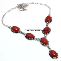 Positive 1 PC Red Coral Gemstone 925 Sterling Silver Plated Designer Necklace ,Handmade Bohemian Jewelry, Gift For Her