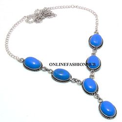 1 PC Blue Agate Gemstone 925 Sterling Silver Plated Designer Necklace ,Handmade Bohemian Jewelry, Gift For FRIEND,