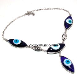 1 PC Evil Eye Gemstone 925 Sterling Silver Plated Designer Necklace ,Handmade Bohemian Jewelry, Gift For FRIEND,