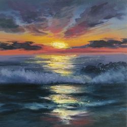 Sea sunset oil, sea surf, sea oil, original painting