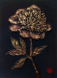 Peony Painting Textured Original Art Bas Relief Small Flower Painting Floral Black Gold Wall Art 8"x 6" By Colibri Art