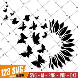 Black Sun Flower Butterflies SVG Design, cut file clipart svg png, Instant Download