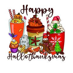 Happy Hallowthanksmas Coffee Png, Thanksgiving Pumpkin Png