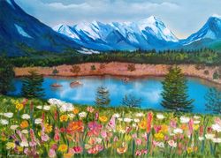 Mountain Landscape Painting Mountain Lake Flower Painting 19*27 inch Wildflowers