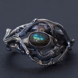 Silver massive ring of twigs with labradorite Roots and branches