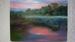 Fishing on the Lake Oil Painting Landscape Painting 19*27 inch Lake in the Forest Painting Sunset on the Lake Art