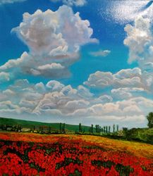 Field of Red Poppies Tuscan Landscape Wildflowers of Provence Art 27*31 inch Italy Oil Painting