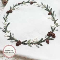 winter botanicals wreath hand embroidery pattern / pinecones and berries embroidery wreath pdf download /