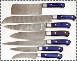 CUSTOM MADE DAMASCUS BLADE 7 Pc's. KITCHEN KNIVES SET WITH ROLL BAG. (ZE-1081-7C