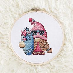 Gnome Cross stitch pattern PDF, Summer Sea Gnome Counted Cross Stitch, Cute Gnome Embroidery Instant Download File, Wall
