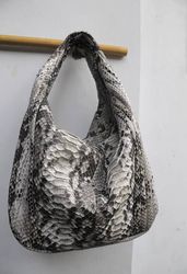 Big Soft Hobo Classy Sport Woman Stitched Bag | Purse Genuine Python Skin | Gray Big Elegant Leather Designer Soft Bag S
