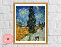 Cross Stitch Pattern ,Road with Cypress and Star,Pdf Instant Download,X stitch Chart ,Vincent Van Gogh, Full Coverage