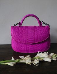 Genuine Python Skin Top Handle hot pink Crossbody Bag |  Exotic Leather Bags | Snakeprint Bag | Handmade Designer Bag |