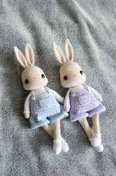 Bunny stuffed animal amigurumi toy, cute crochet rabbit in overalls or shorts, gift for babies