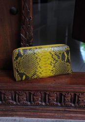 Wallet genuine python skin yellow snake color, women wallet, leather lady wallet, classic zip wallet, designer wallet ha
