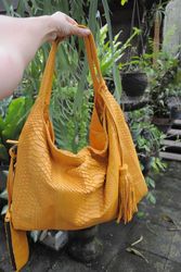 Big Soft Hobo Classy Sport Woman Bag | Purse Genuine Python Skin | Python Skin Products | Yellow Big Elegant Leather Des