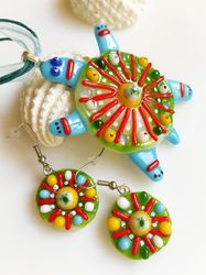 Sea Turtles handmade fused glass Jewelry set. Bright summer jewelry. Beach jewelry. Matching Earrings - Pendant.