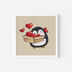 Penguin Cross Stitch Pattern PDF, Funny Valentine Card, Heart Cross Stitch, Valentine's Day Cross Stitch Instant Downloa