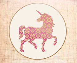 Pink gold unicorn cross stitch pattern Modern pink nursery cross stitch PDF baby girl Pink unicorn embroidery