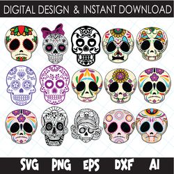 Sugar Skull Bundle - day of the dead svg, SVG, PNG, EPS, DXF, Commercial Use, Digital Cut Files, Dia de los Muertos